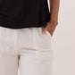 A bamboo linen pant with wide leg fit, pockets, and elasticized waistband.