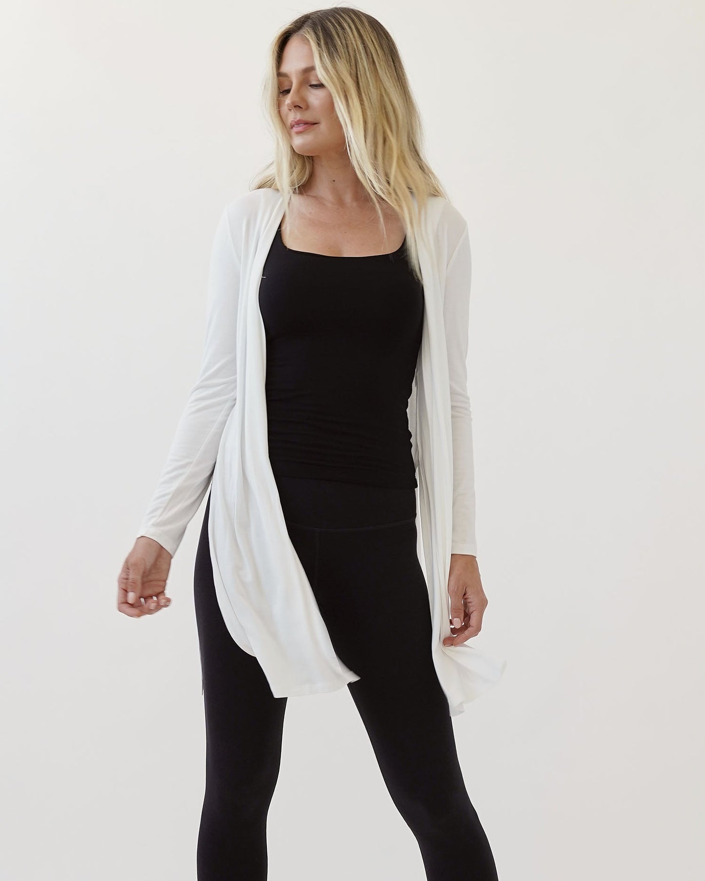 A bamboo long cardigan with a front tie feature