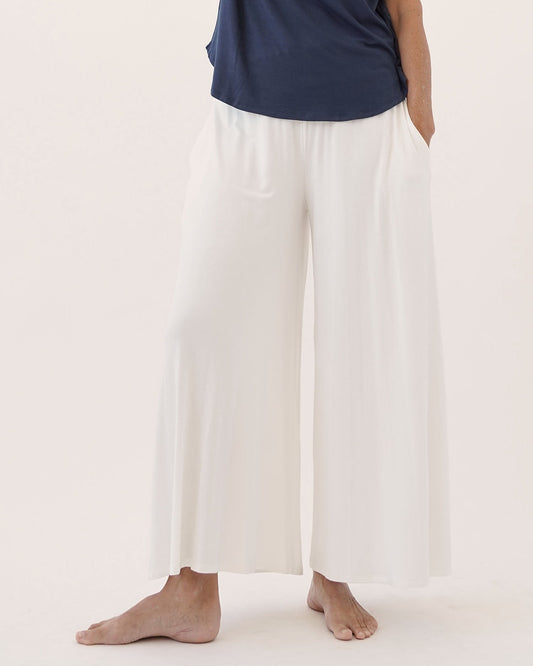 A bamboo wide legged palazzo pant with smocked waist