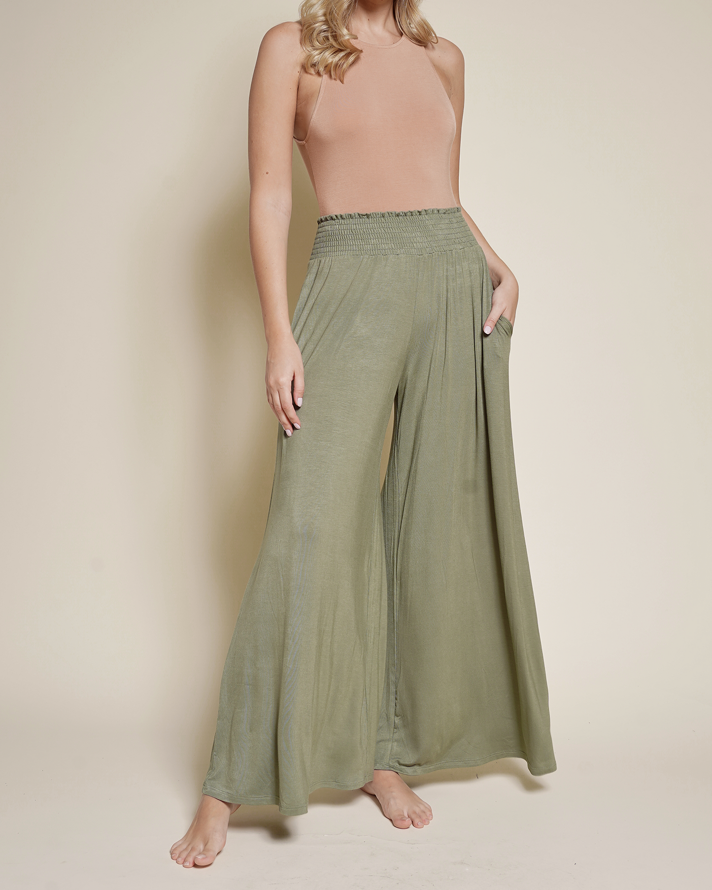 A bamboo wide legged palazzo pant with smocked waist