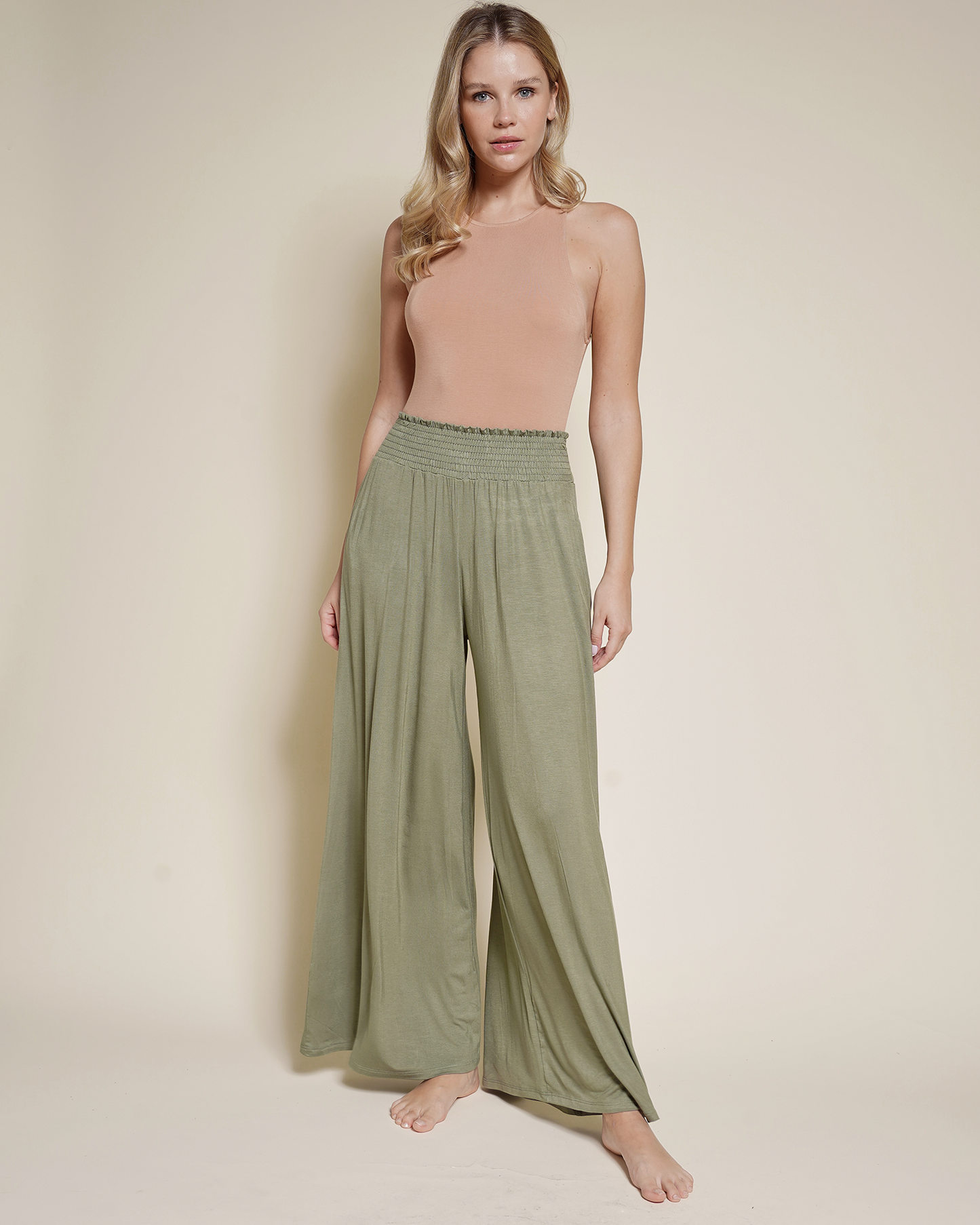 A bamboo wide legged palazzo pant with smocked waist