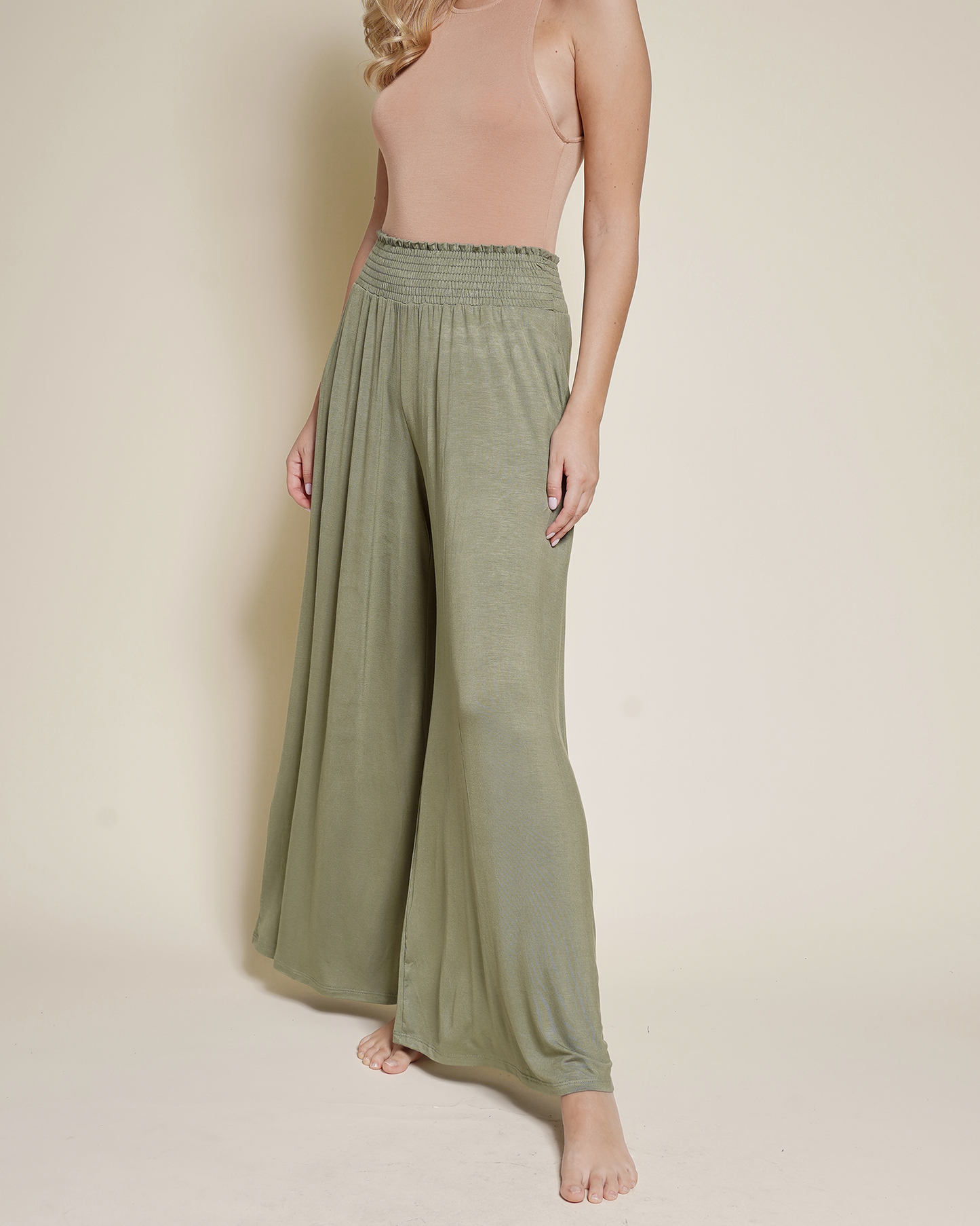 A bamboo wide legged palazzo pant with smocked waist