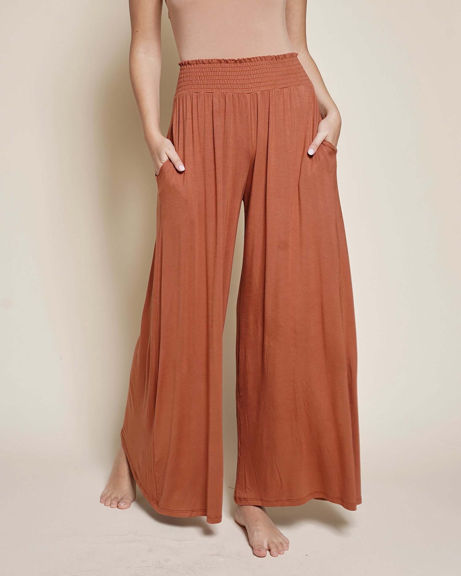 A bamboo wide legged palazzo pant with smocked waist