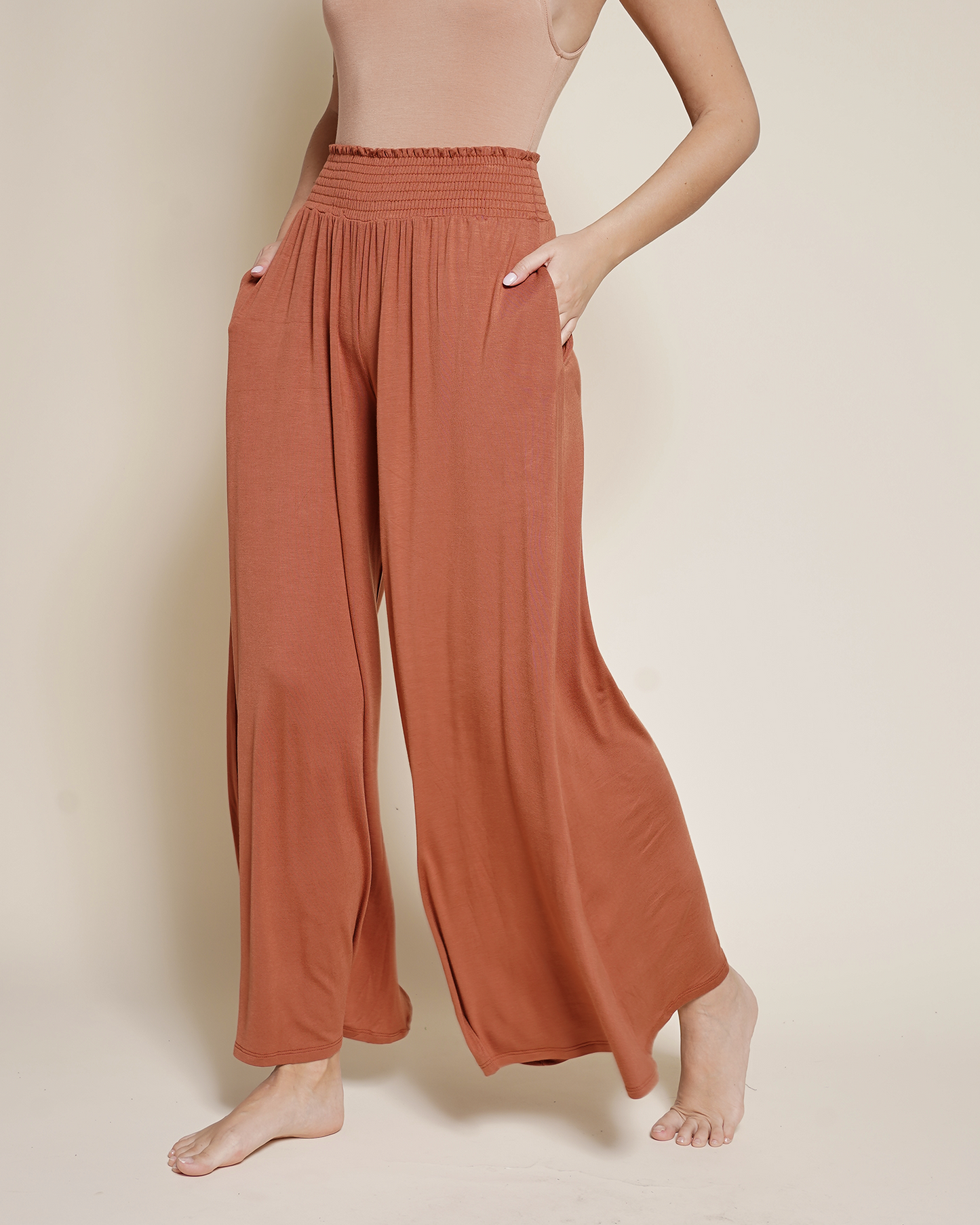 A bamboo wide legged palazzo pant with smocked waist