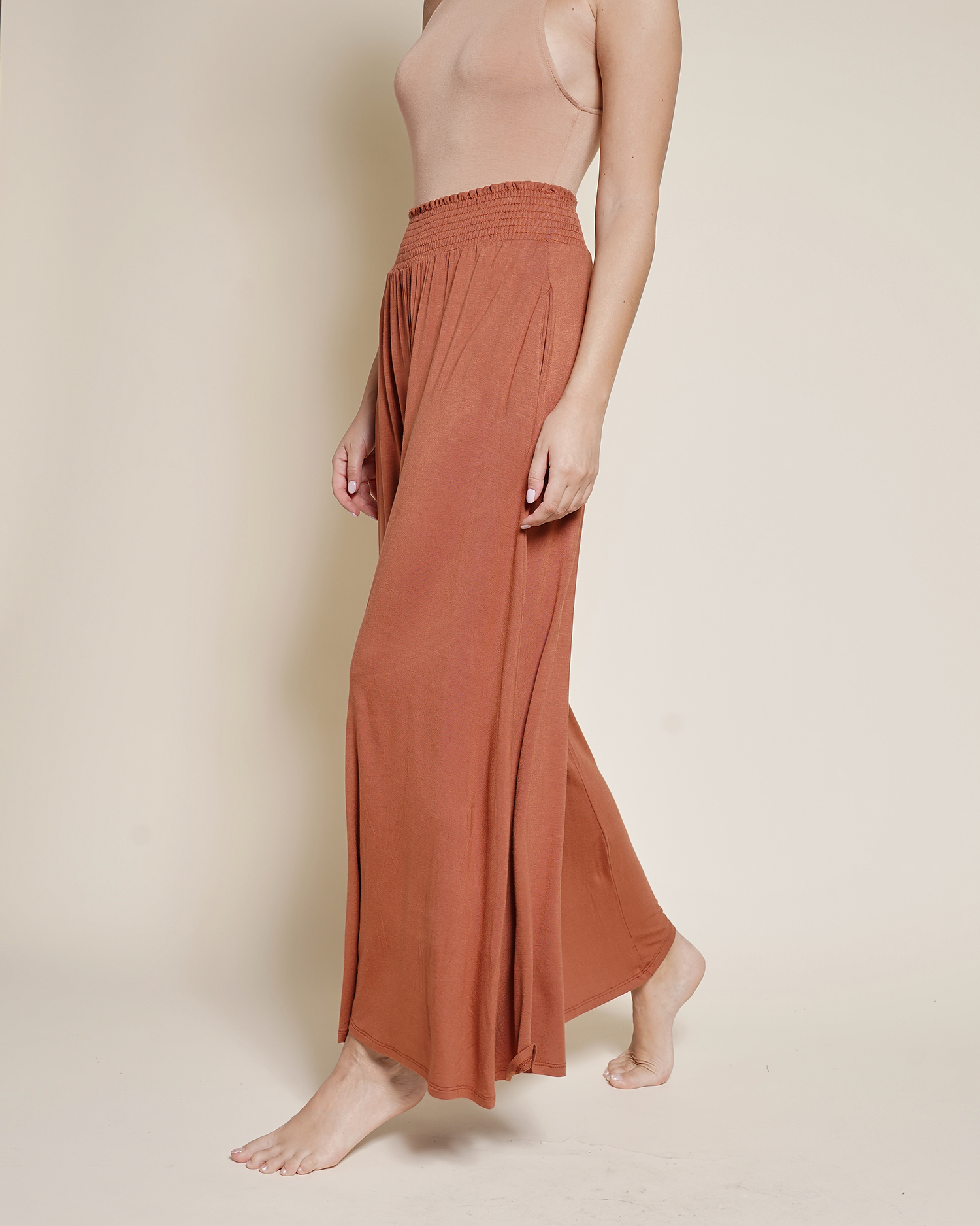 A bamboo wide legged palazzo pant with smocked waist