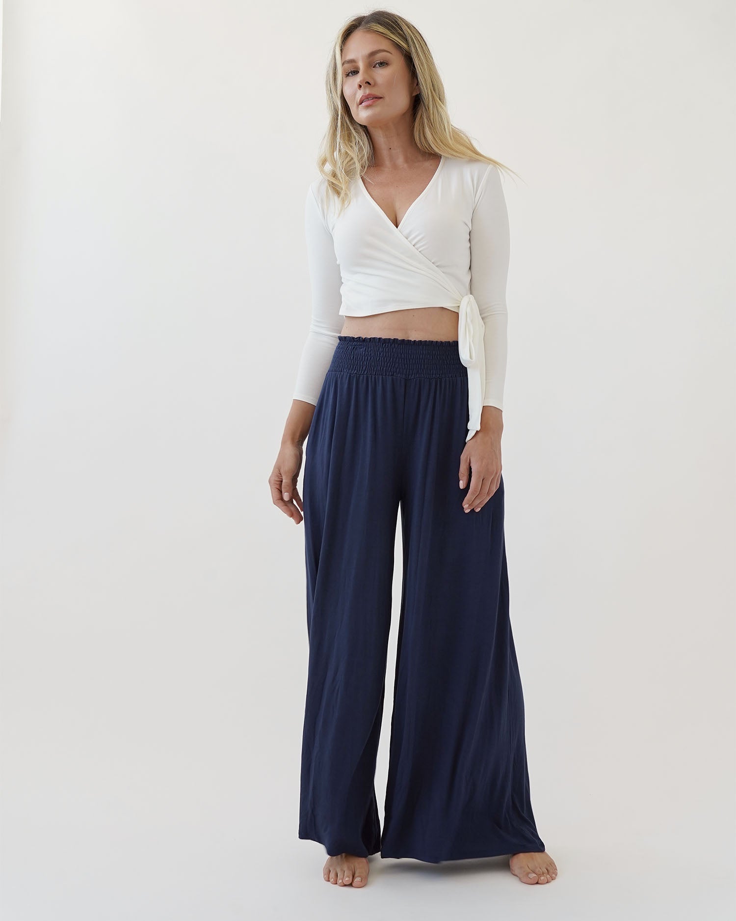 A bamboo wide legged palazzo pant with smocked waist