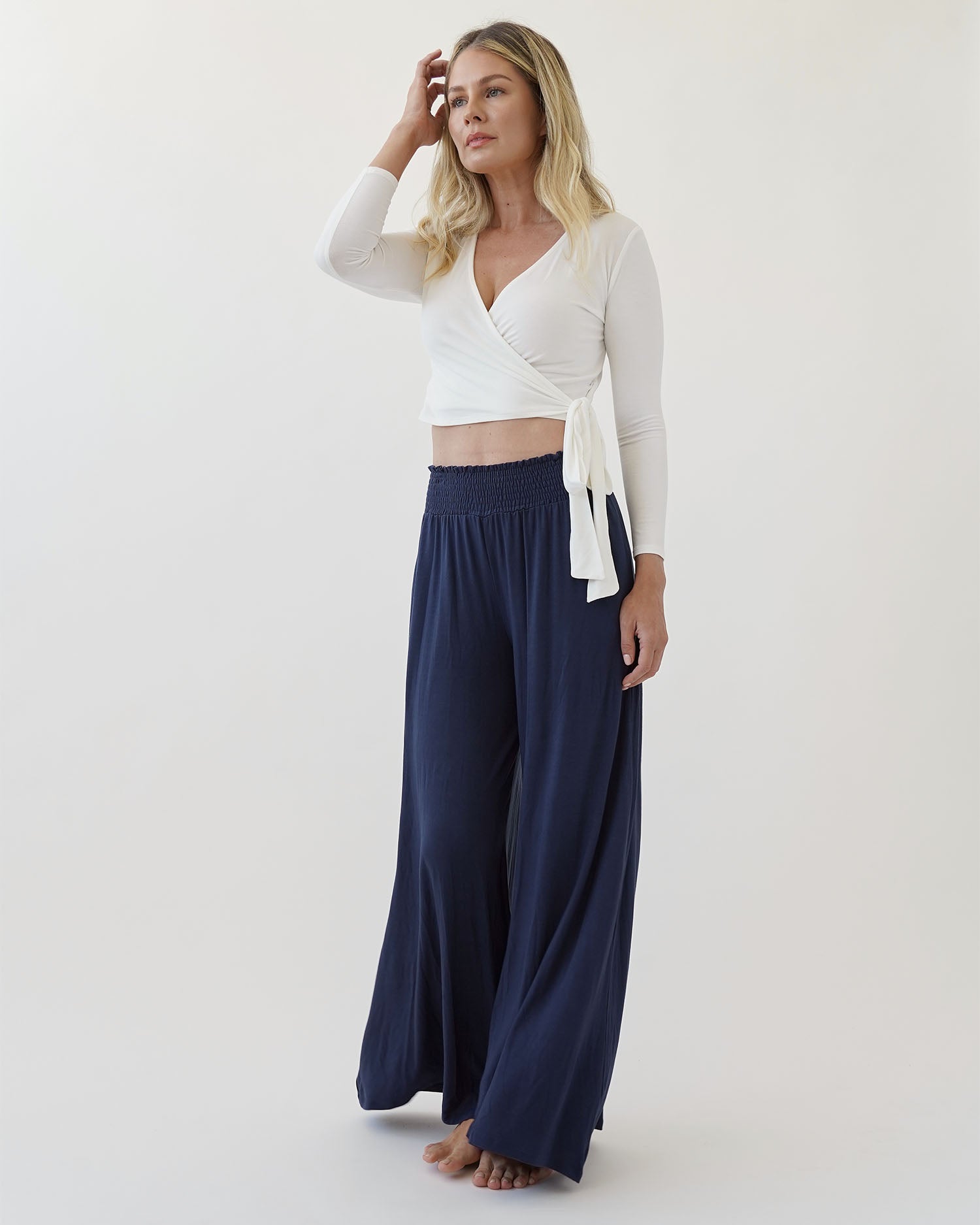 A bamboo wide legged palazzo pant with smocked waist