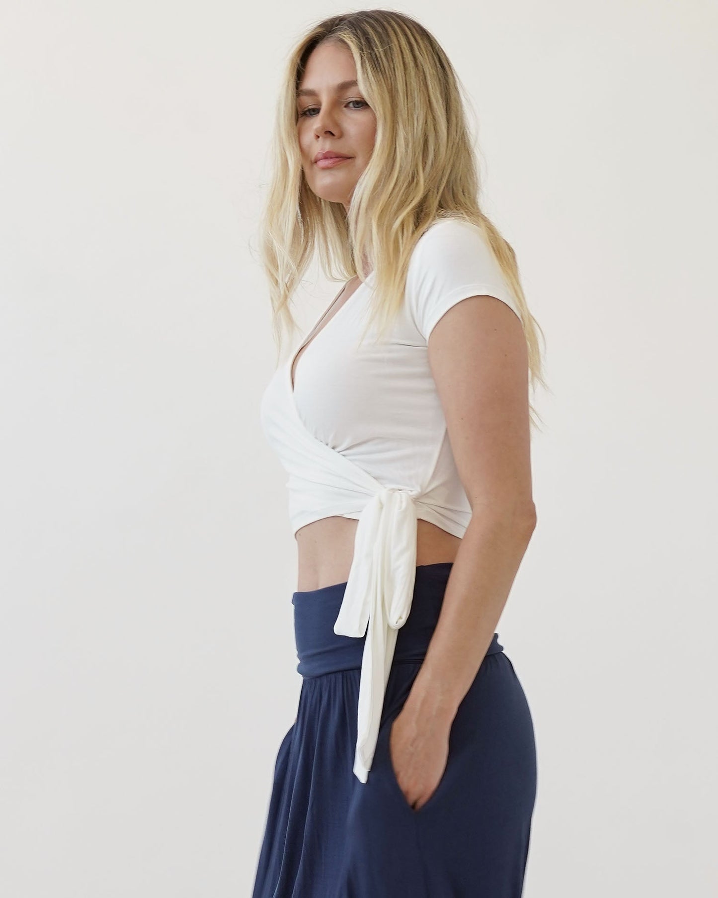 A Bamboo wrap crop top with sleeves