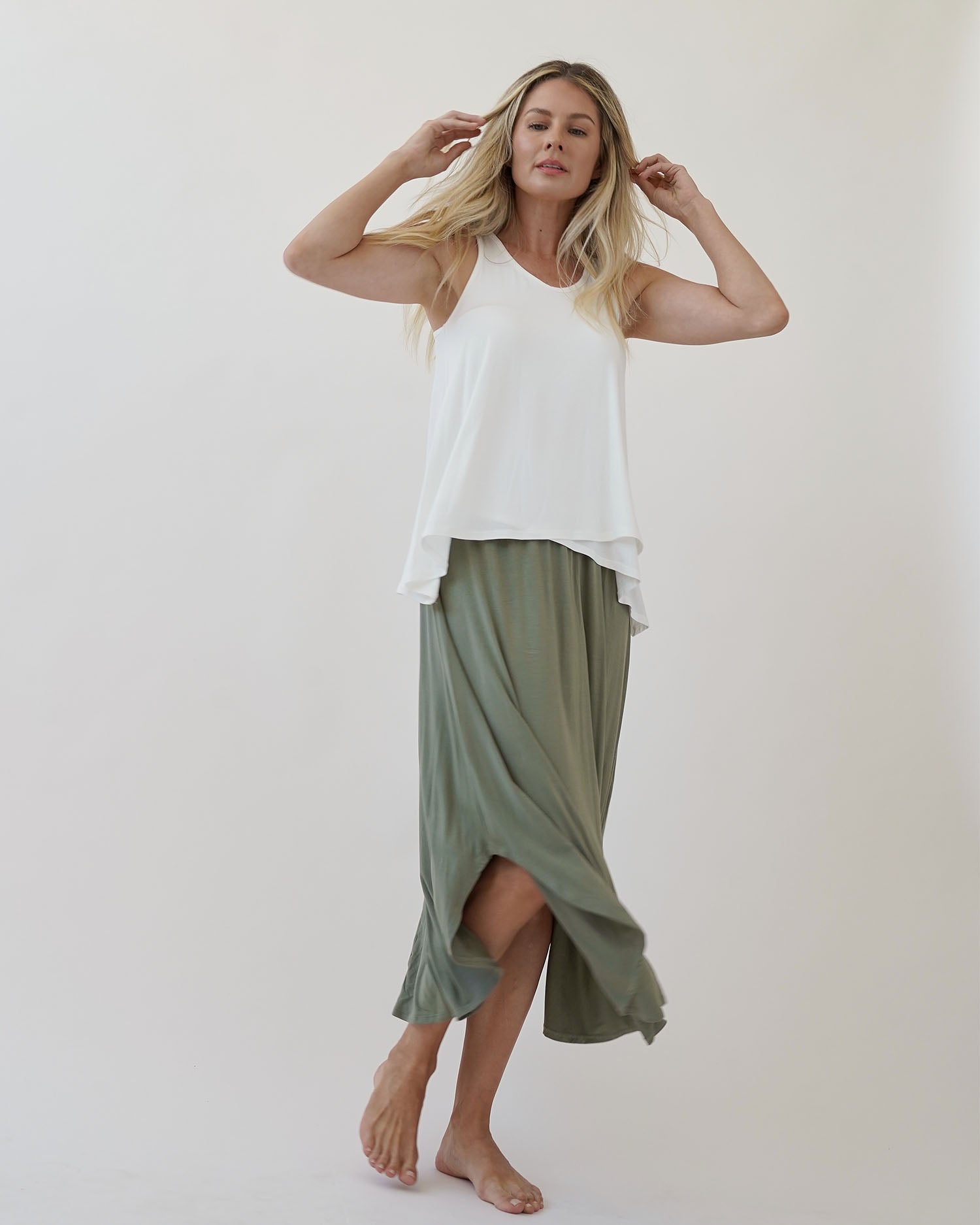 A bamboo maxi skirt with smocked waist and flared hemline