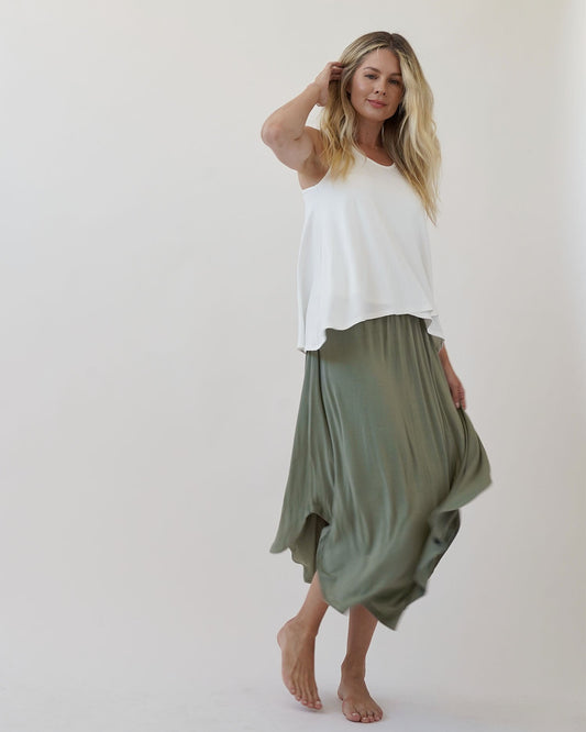 A bamboo maxi skirt with smocked waist and flared hemline