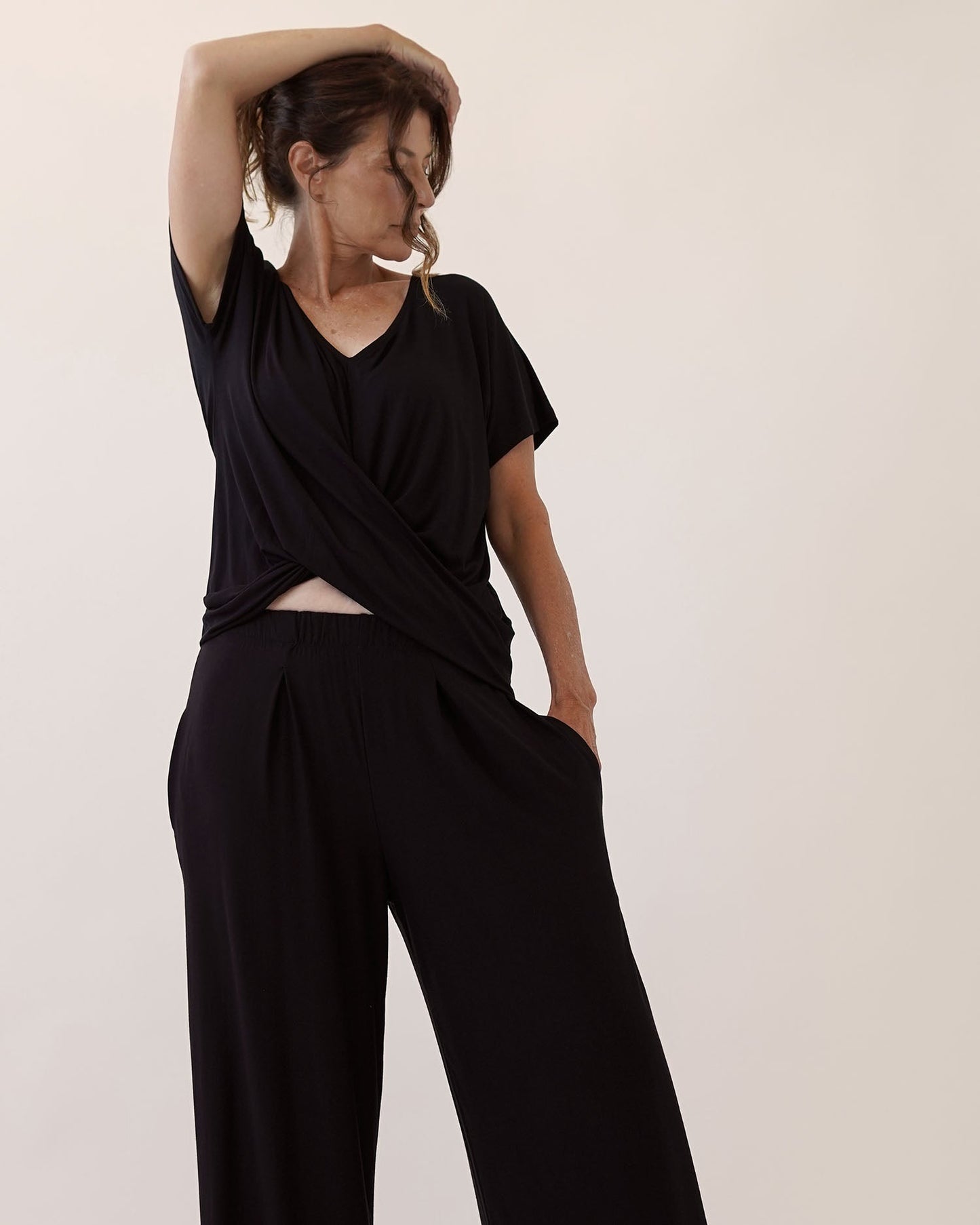 A bamboo black twist front dolman top