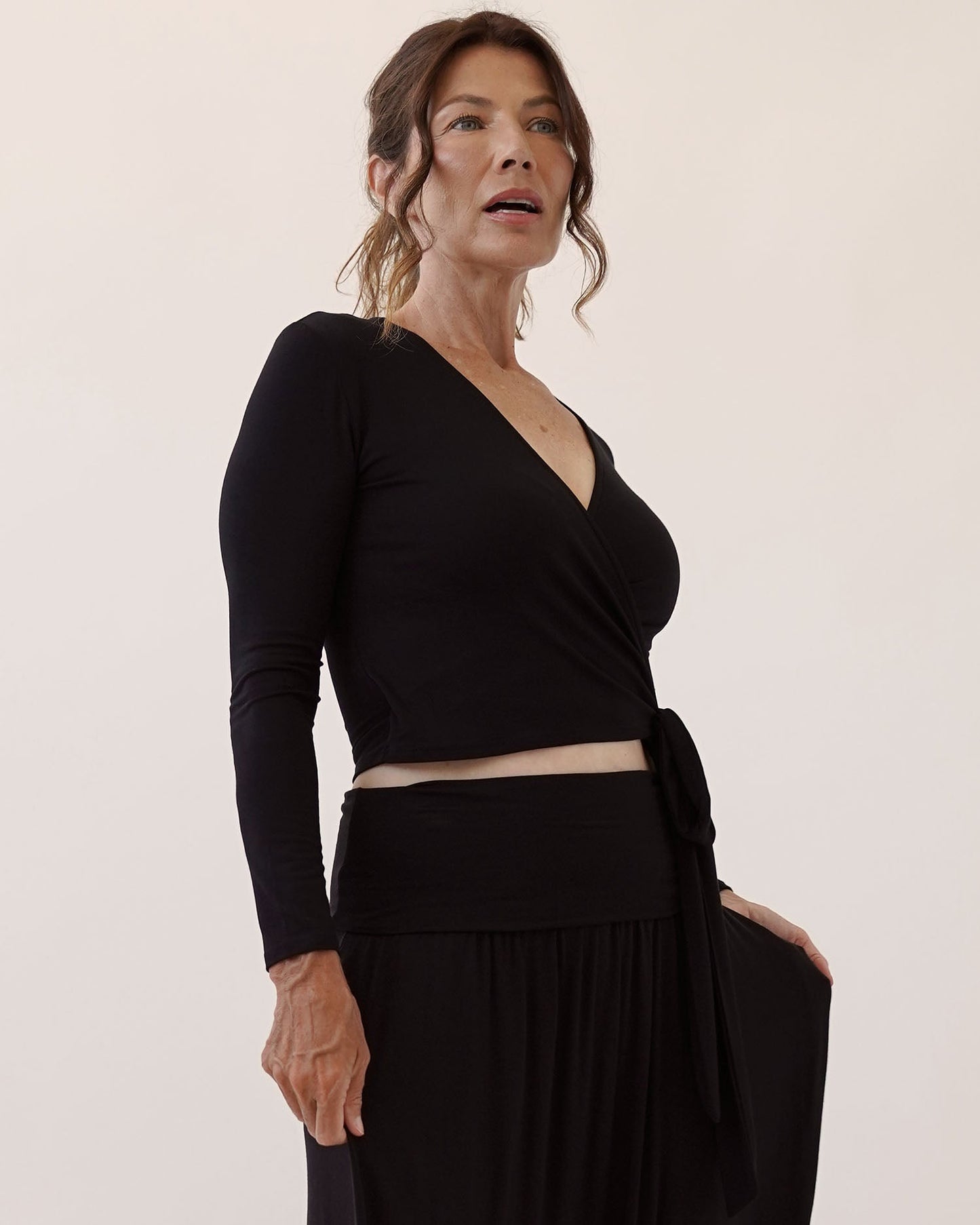 A Bamboo wrap crop top with sleeves