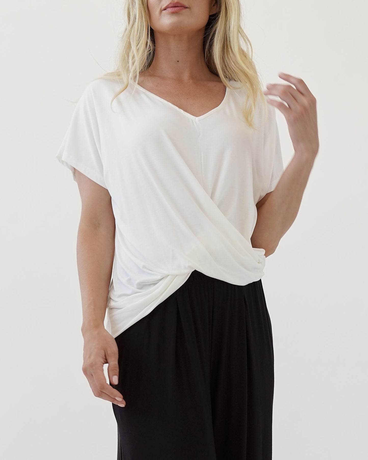 A bamboo ivory twist front dolman top