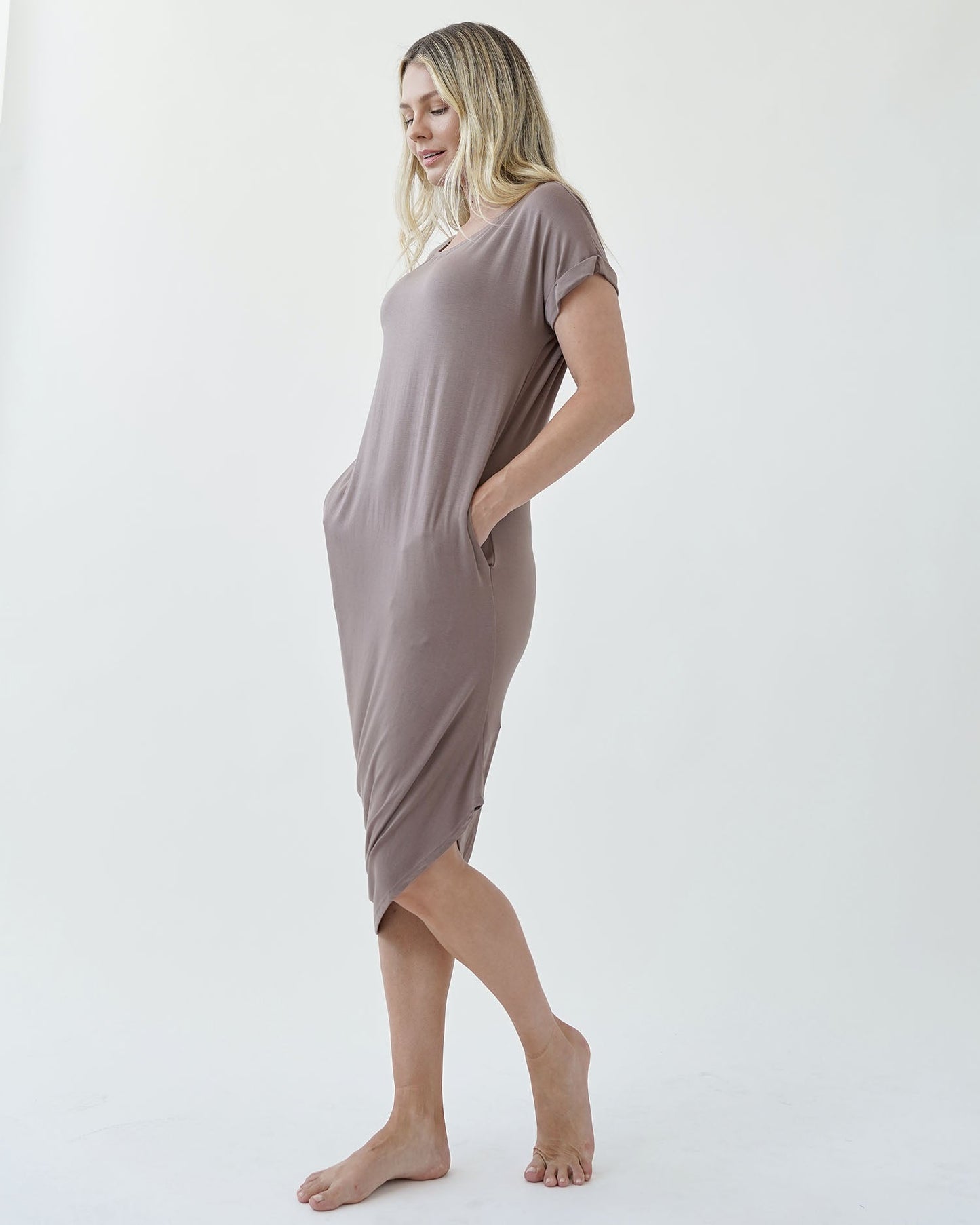 A bamboo short sleeve, asymmetric, with pockets, below knee length dress, and relaxed hemline design, Summer, Loungewear