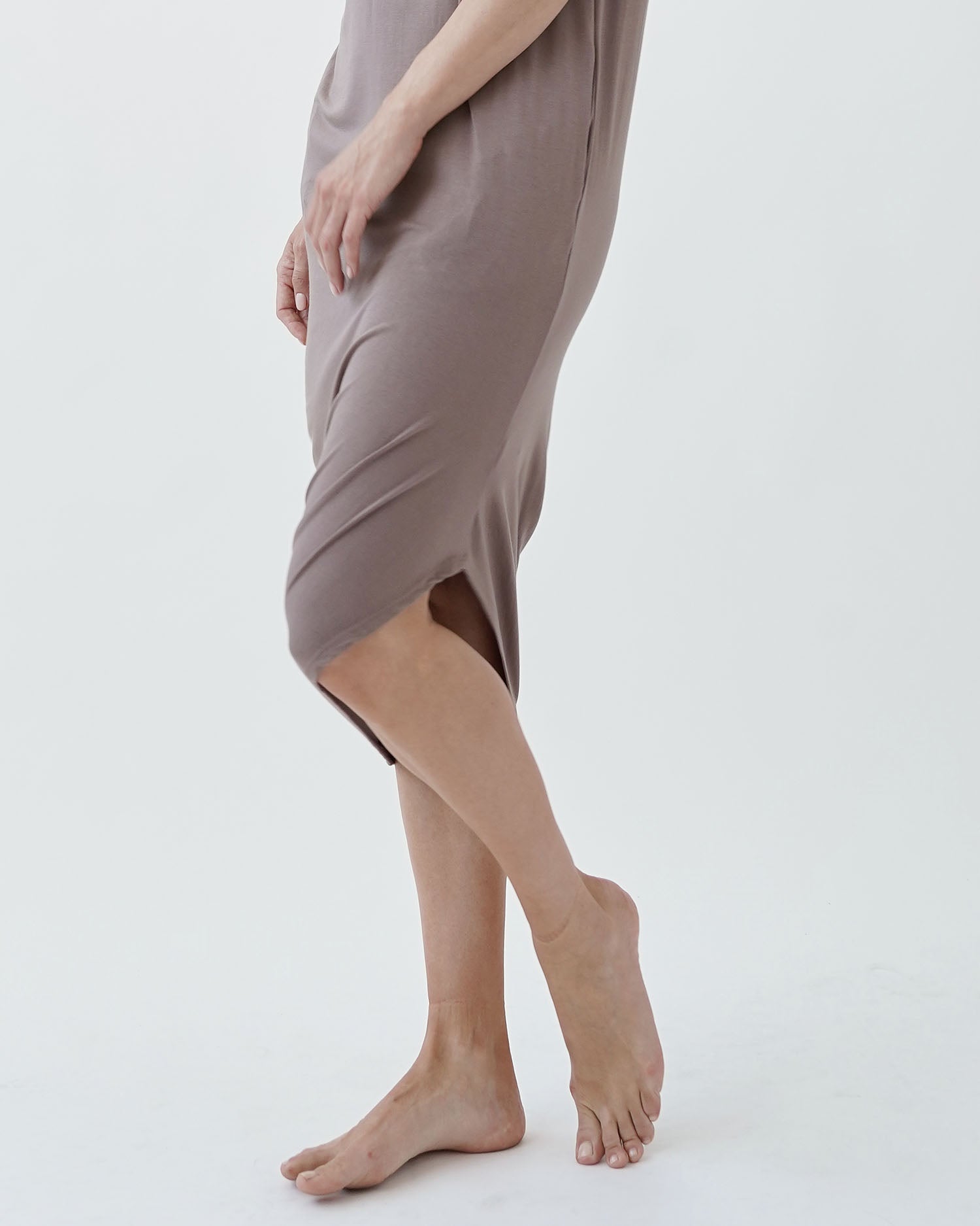 A bamboo short sleeve, asymmetric, with pockets, below knee length dress, and relaxed hemline design, Summer, Loungewear